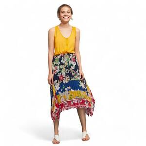 Anthropologie One September Leora Floral Skirt Midi Handkerchief Hem Boho Sz XL